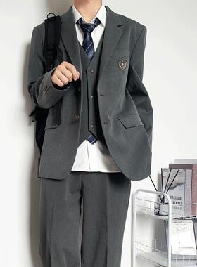 木村叔dk原创日系灰色西服男学生百搭长款西装jk制服马甲西裤套装
