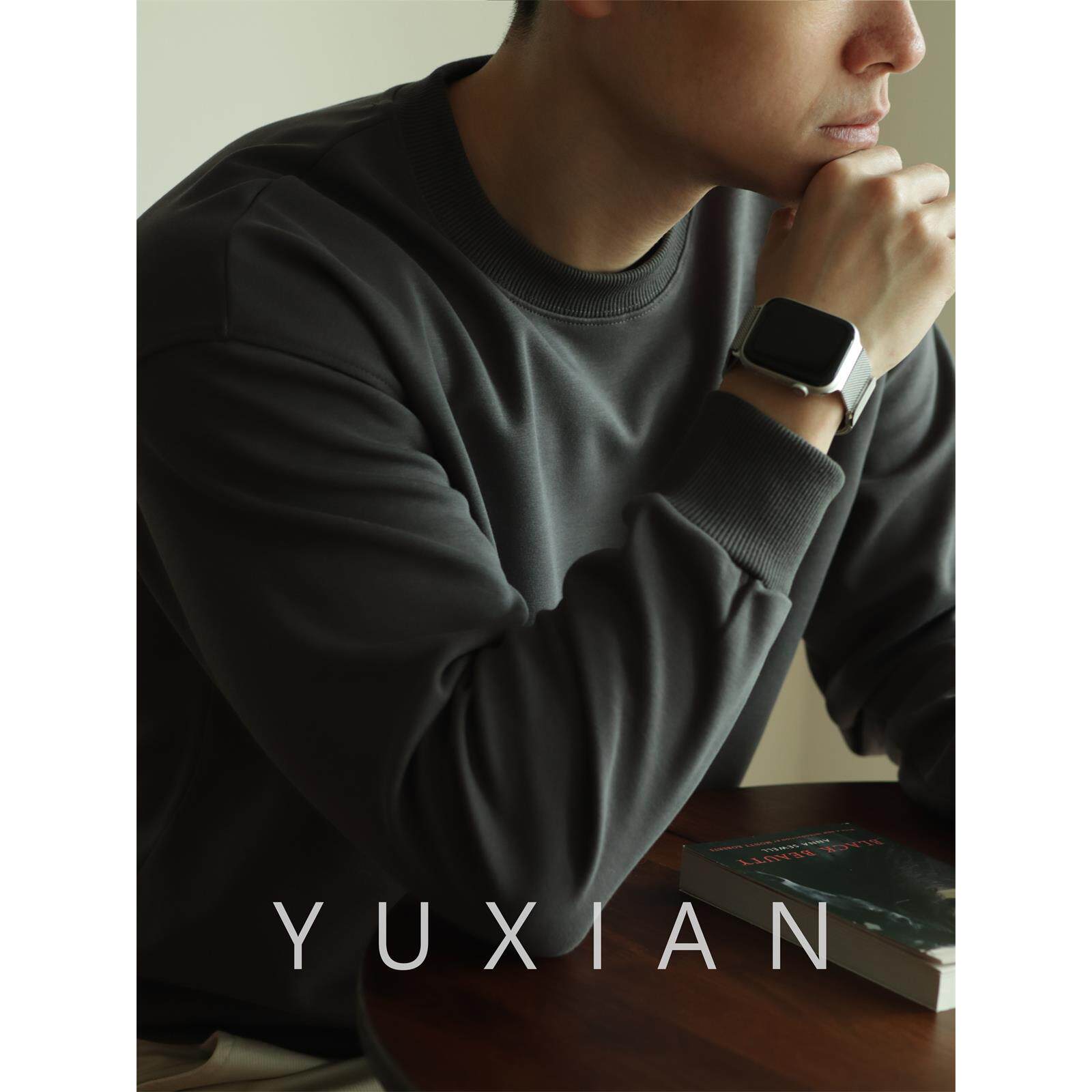 YUXIAN水柔棉320G日系落肩卫衣长袖宽松圆领休闲运动外套秋冬款