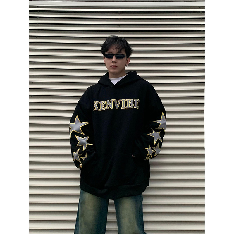 SENDOP国潮美式字母贴皮刺绣五角星连帽卫衣男女情侣宽松秋季上衣