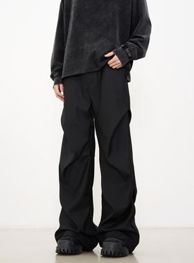 KISKO美式小众褶皱拖地微喇休闲裤高级感宽松直筒垂感黑色西裤男