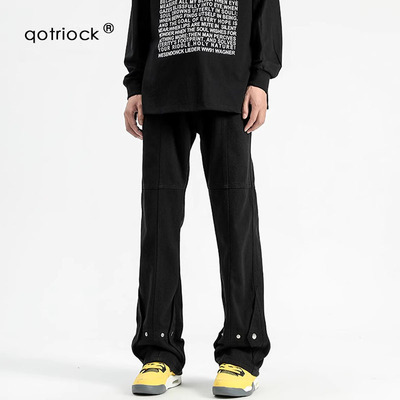 QOTRIOCK美式机能牛仔裤男春秋高街加绒微喇裤潮牌宽松黑色休闲裤