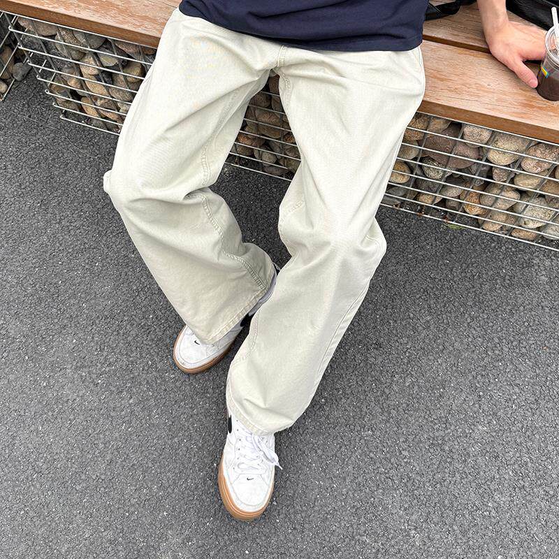 米白色直筒纯棉牛仔裤男生2026新款秋季休闲宽松浅色长裤子简约