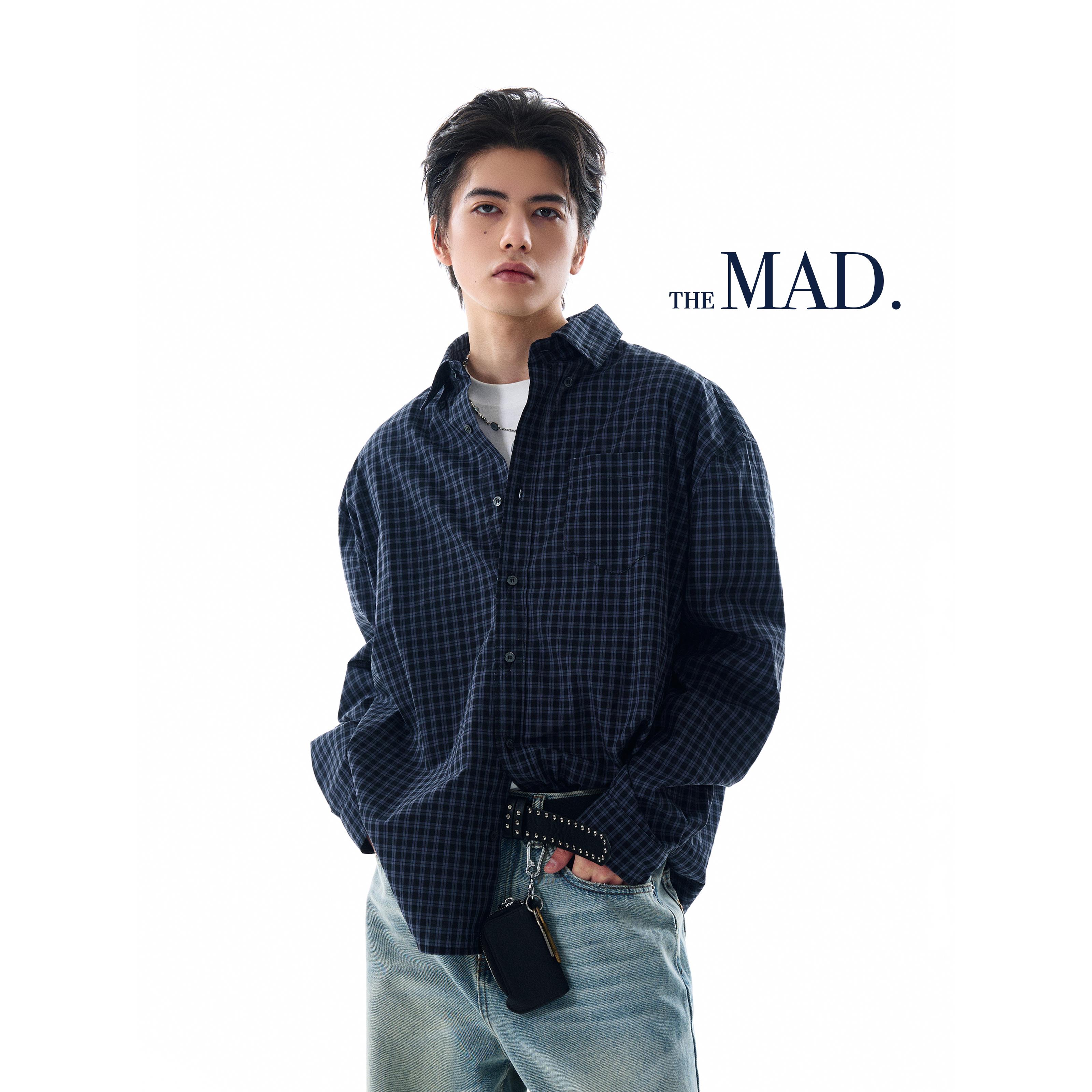 MADWITCH美式通勤蓝色格子衬衫外套男女宽松休闲松弛感情侣衬衣潮