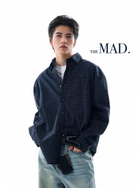 MADWITCH美式通勤蓝色格子衬衫外套男女宽松休闲松弛感情侣衬衣潮