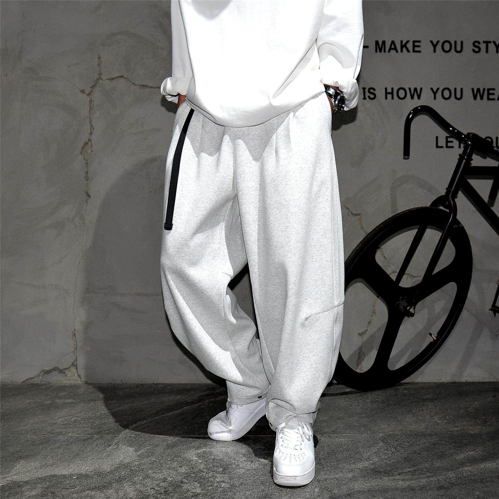 日系休闲痞帅宽松阔腿弯刀针织卫裤男松紧腰百搭直筒灰色运动裤潮