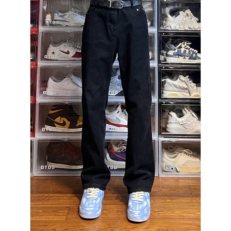 AU8OFCLUB黑色基础微弹弹重磅水洗中腰微喇纯棉牛仔休闲长裤男女