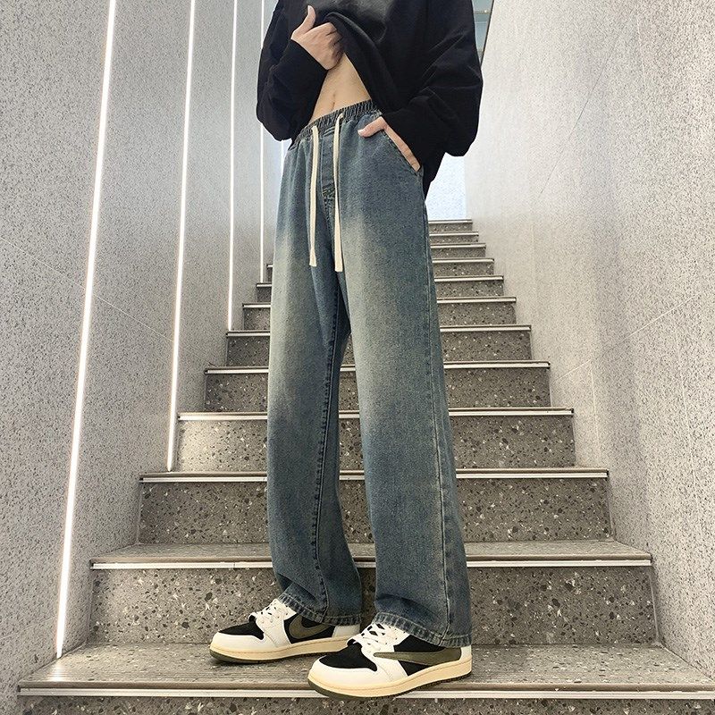 松紧腰牛仔裤男士款宽松阔腿2025年秋冬加绒新款复古男生直筒裤子