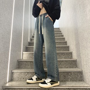 松紧腰牛仔裤男士款宽松阔腿2025年秋冬加绒新款复古男生直筒裤子