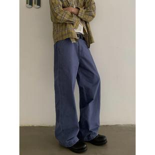 INKNOTS美式复古Vintage优雅蓝法工裤重水洗做旧直筒宽松工装裤男