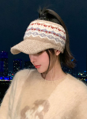 秋冬季运动鸭舌帽女时尚提花针织空顶帽扎马尾跑步保暖护耳毛线帽