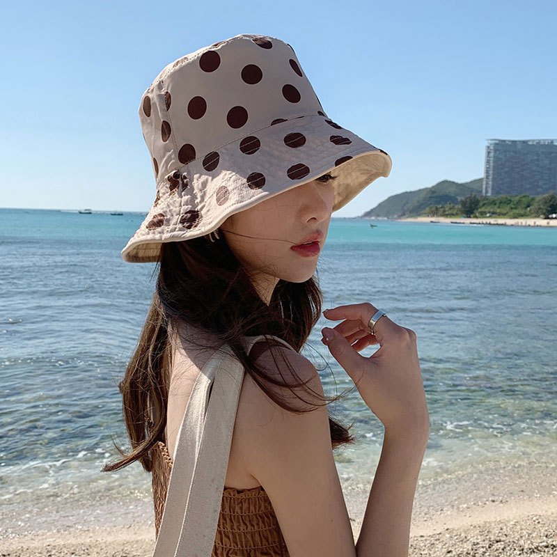 渔夫帽女夏季小沿双面戴出游度假遮阳帽甜美女生圆点防晒太阳帽子