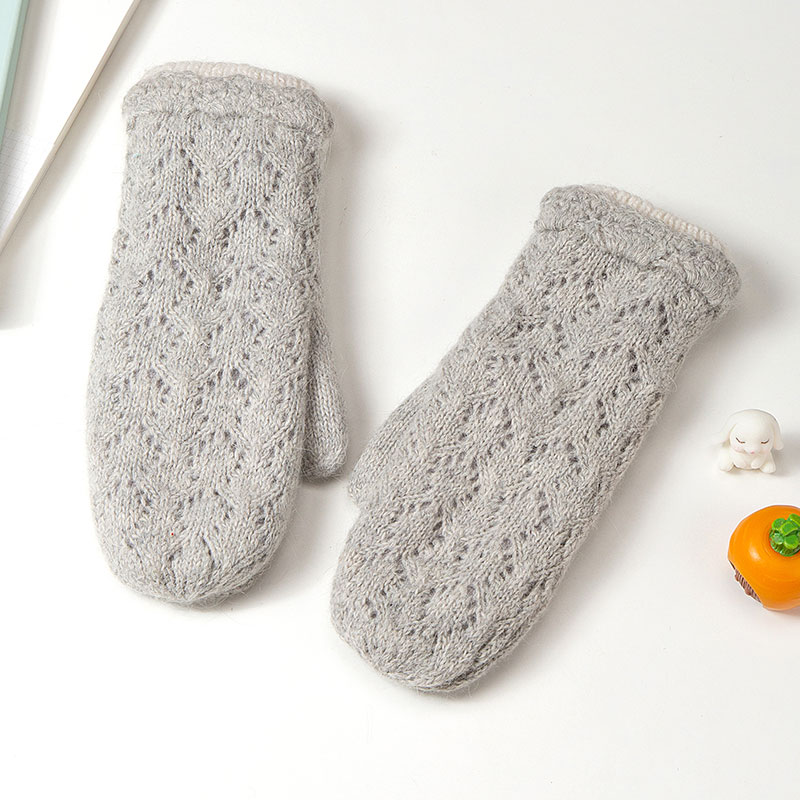 手套女韩版学生钩花全指加绒加厚防寒手套可爱冬天羊毛双层保暖冬