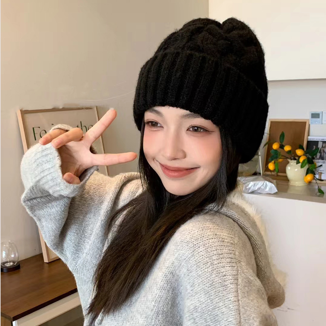 毛线帽女冬季加厚保暖套头帽子时尚麻花条纹针织帽百搭大头围冬帽