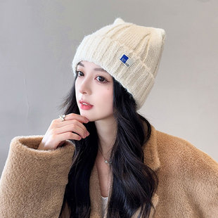 可爱双角毛线帽子女2025新款大头围套头帽冬季保暖护耳条纹针织帽