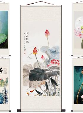 荷花九鱼画水墨花画绢本画卷国画年画多一个月宣纸礼物