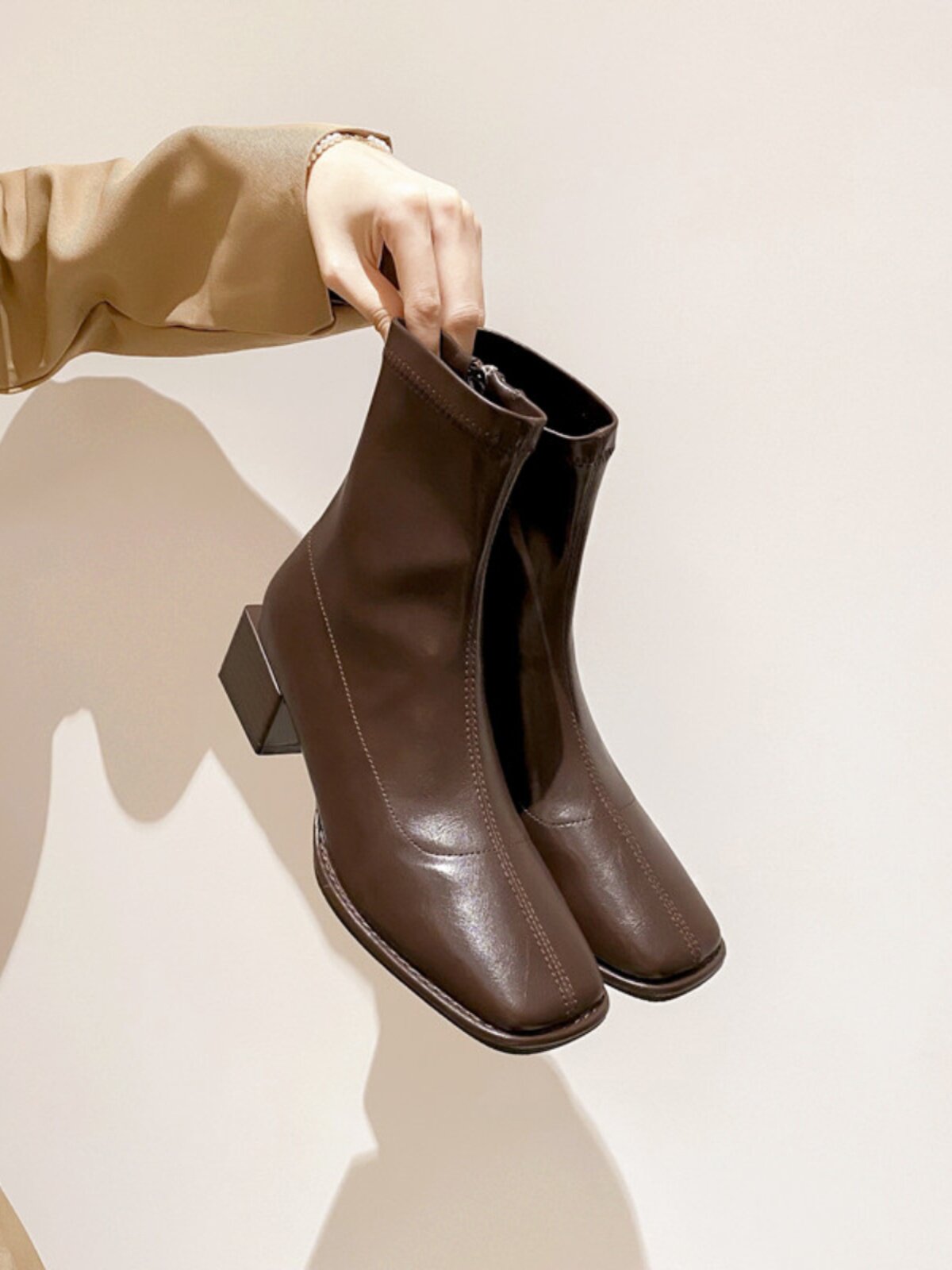 SQUARE TOE BLOCK HEEL BOOTS WOMENS FALL|WINTER 2024 NEW MID-HEEL BRITISH STYLE STRETCH SKINNY BOOTS LEATHER AND FLEECE MARTIN BOOTS