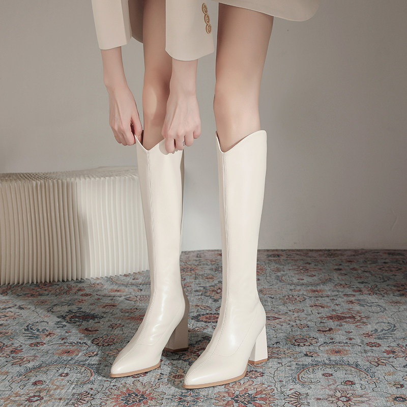 粗高跟加绒尖头V口骑士靴女2025秋冬新款米白色真皮小个子长筒靴,女鞋,骑士靴,淘宝优惠券,粉丝福利购,淘宝优惠卷