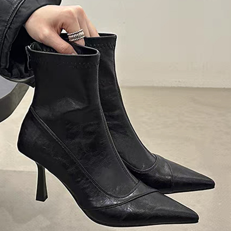 后拉链拼接韩版加绒弹力瘦瘦靴