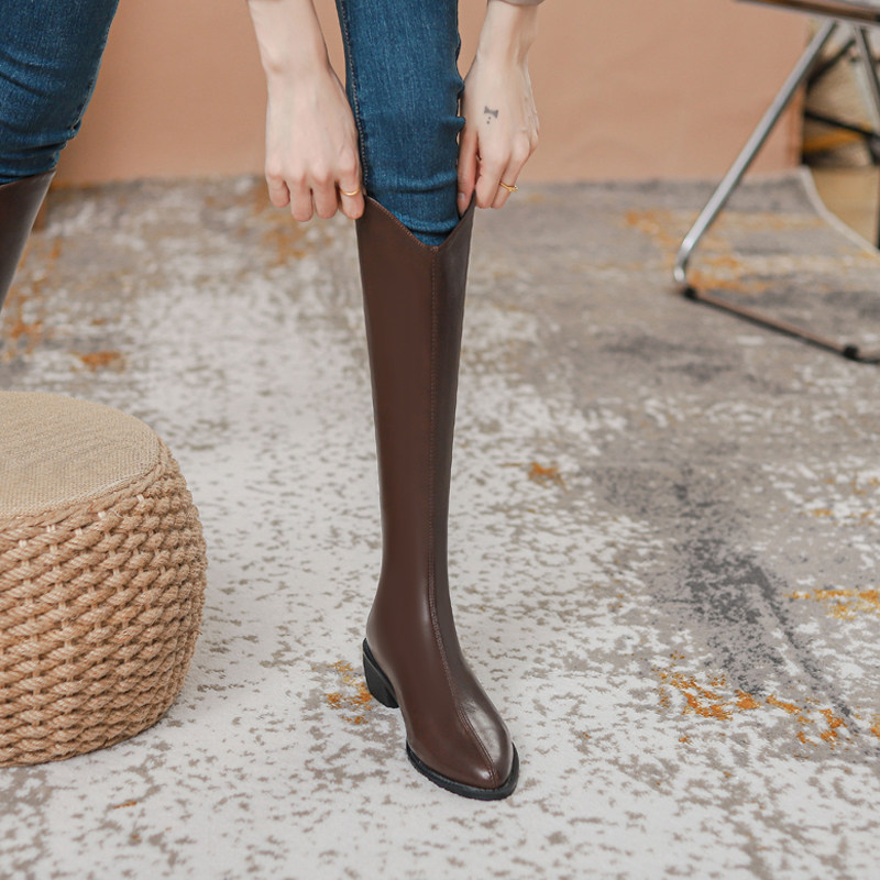 不过膝长筒靴女真皮2025秋冬新款尖头高筒加绒粗跟弹力v口骑士靴,女鞋,骑士靴,淘宝优惠券,粉丝福利购,淘宝优惠卷
