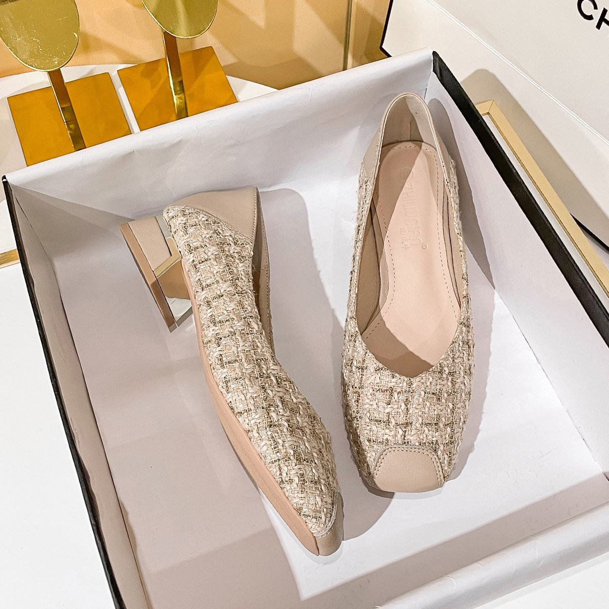 真皮单鞋女2025春季新款小香风浅口中跟粗跟一脚蹬气质大码奶奶鞋,女鞋,浅口单鞋,淘宝优惠券,粉丝福利购,淘宝优惠卷