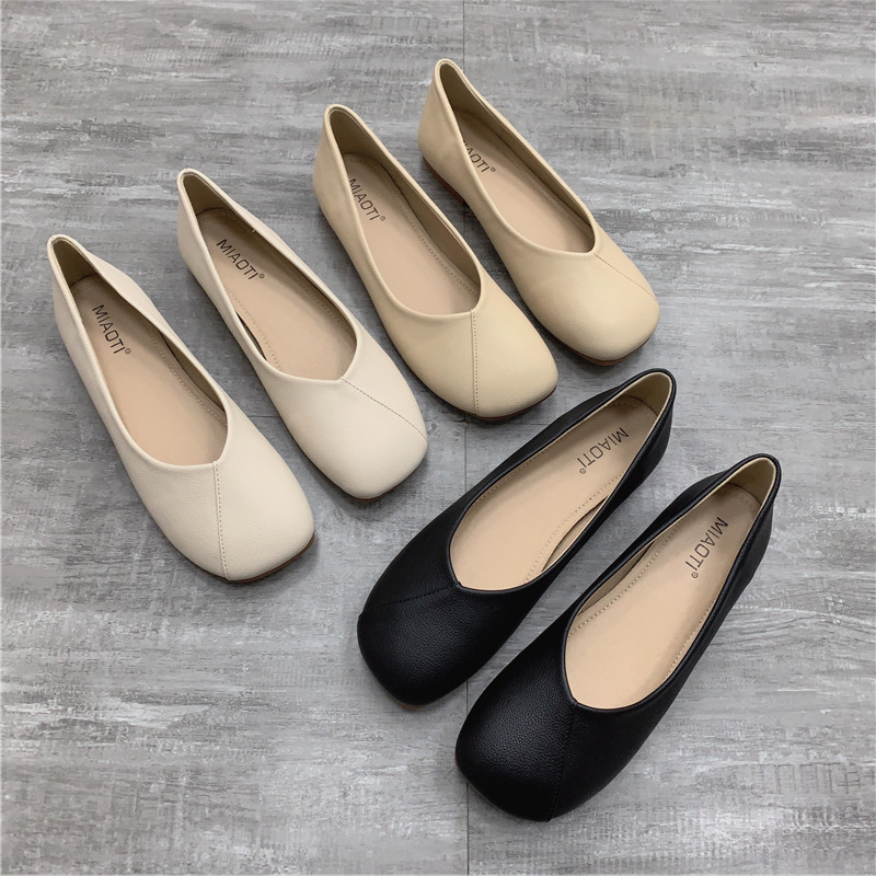 真皮单鞋女2025夏季新款韩版休闲方头平底软底浅口百搭大码奶奶鞋,女鞋,浅口单鞋,淘宝优惠券,粉丝福利购,淘宝优惠卷