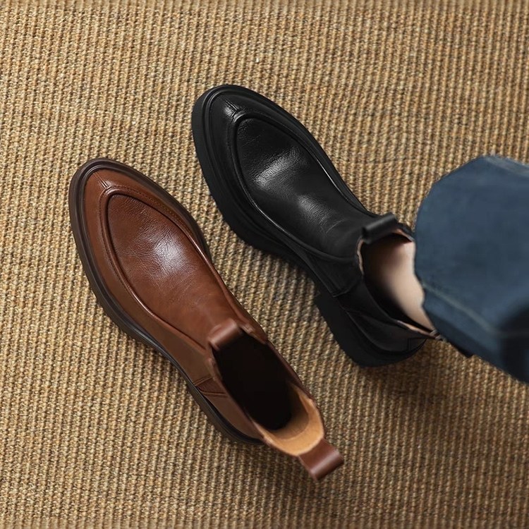 加绒马丁靴女2025秋冬新款粗跟真皮松糕底单靴尖头厚底切尔西短靴,女鞋,马丁靴,淘宝优惠券,粉丝福利购,淘宝优惠卷