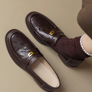 女2025春秋季 圆头一脚蹬乐福鞋 英伦风小皮鞋 新款 法式 复古百搭单鞋