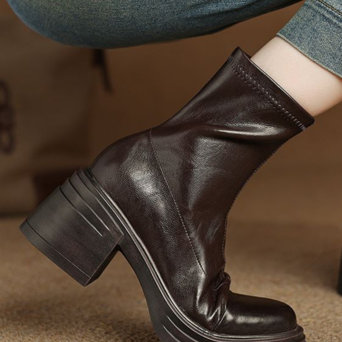 切尔西马丁靴法式高跟加绒瘦瘦靴