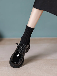 英伦风真皮小皮鞋女2025春季新款乐福鞋黑色系带厚底漆皮百搭单鞋