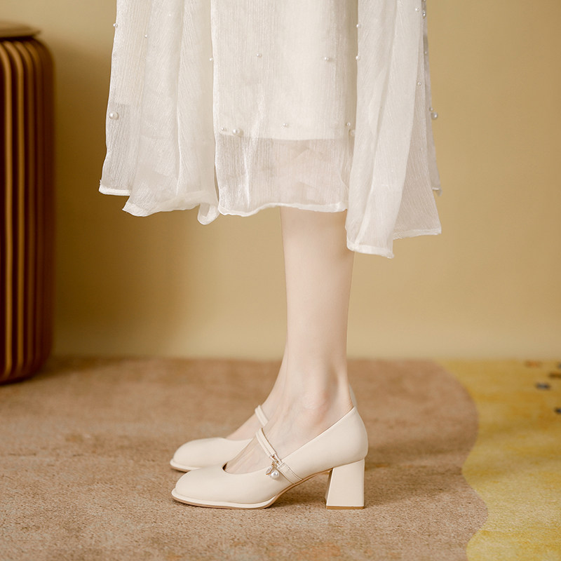 真皮单鞋女2025夏季新款高跟鞋休闲一字带粗跟法式配裙子玛丽珍鞋,女鞋,浅口单鞋,淘宝优惠券,粉丝福利购,淘宝优惠卷