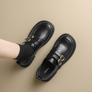 女2025季 新款 英伦风小皮鞋 春秋季 黑色粗跟通勤单鞋 厚底真皮乐福鞋