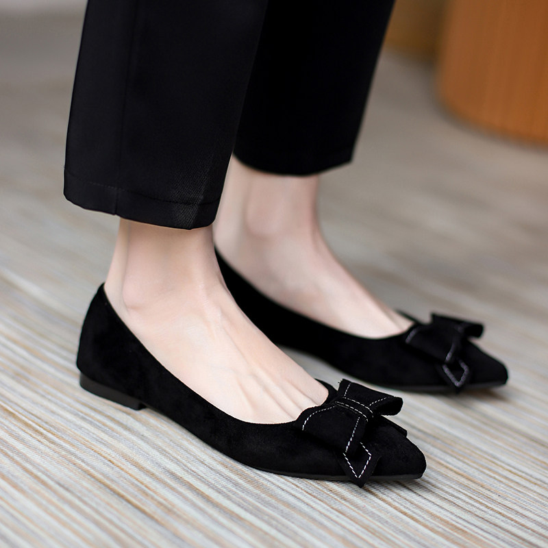 尖头单鞋女2025春季新款气质英伦风黑色平底软底蝴蝶结职业工作鞋,女鞋,浅口单鞋,淘宝优惠券,粉丝福利购,淘宝优惠卷