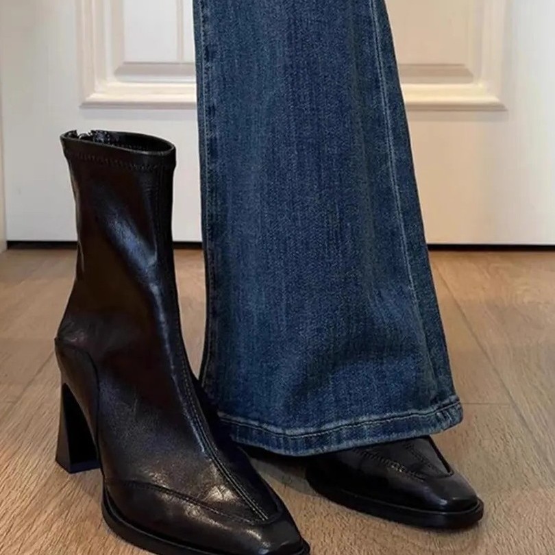 粗跟瘦瘦靴英伦风复古加绒马丁靴