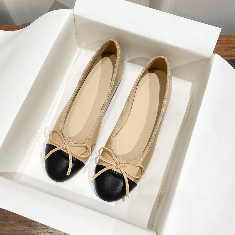 真皮单鞋女2025春季新款法式圆头浅口拼色蝴蝶结平底小香风奶奶鞋,女鞋,浅口单鞋,淘宝优惠券,粉丝福利购,淘宝优惠卷