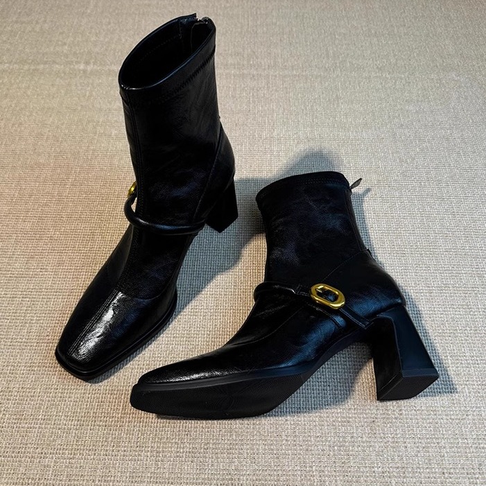 粗跟瘦瘦靴复古后拉链加绒短靴