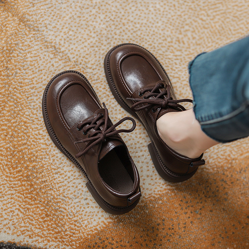 加绒小皮鞋女2026春季新款复古英伦风系带单鞋棕色真皮厚底乐福鞋,女鞋,深口单鞋,淘宝优惠券,粉丝福利购,淘宝优惠卷
