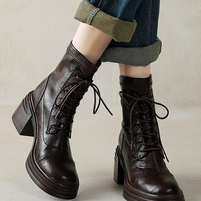 粗跟真皮棕色高跟瘦瘦靴加绒短靴