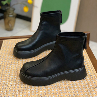 炸街真皮马丁靴女2025秋冬新款 瘦瘦短靴厚底加绒增高弹力切尔西靴