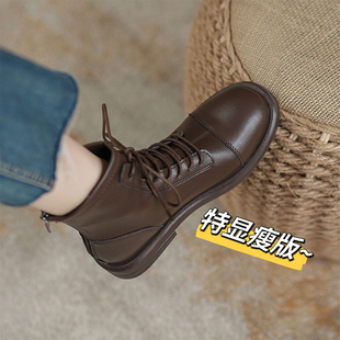 圆头真皮棕色马丁靴女2025秋冬季 加绒单靴英伦风炸街瘦瘦短靴 新款