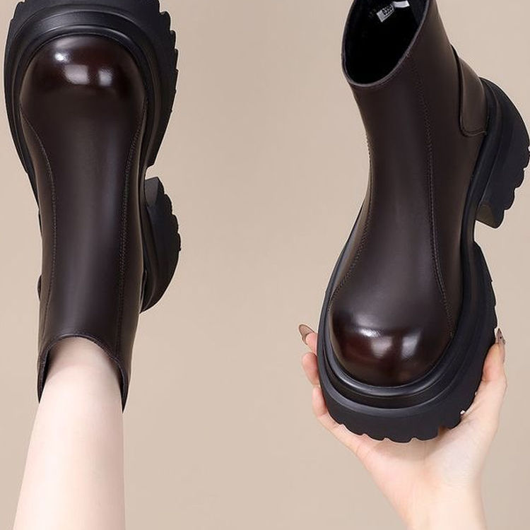 圆头复古真皮百搭加绒防滑短靴