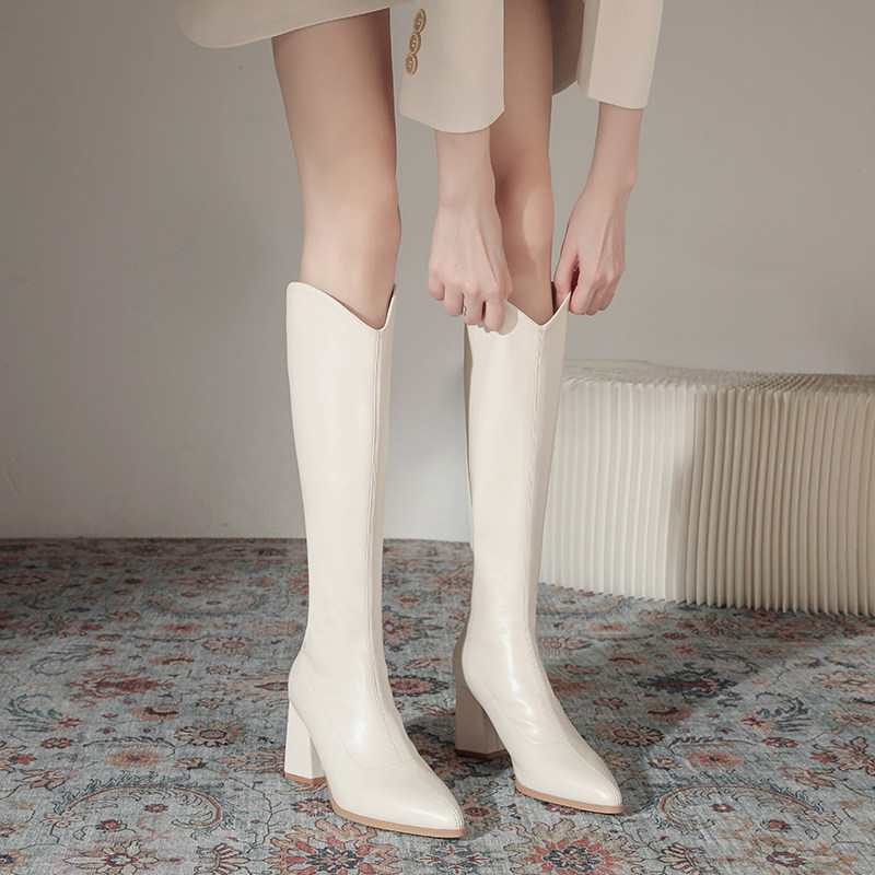 粗高跟不过膝真皮长筒靴女米白色2025秋冬新款显瘦尖头V口骑士靴,女鞋,骑士靴,淘宝优惠券,粉丝福利购,淘宝优惠卷