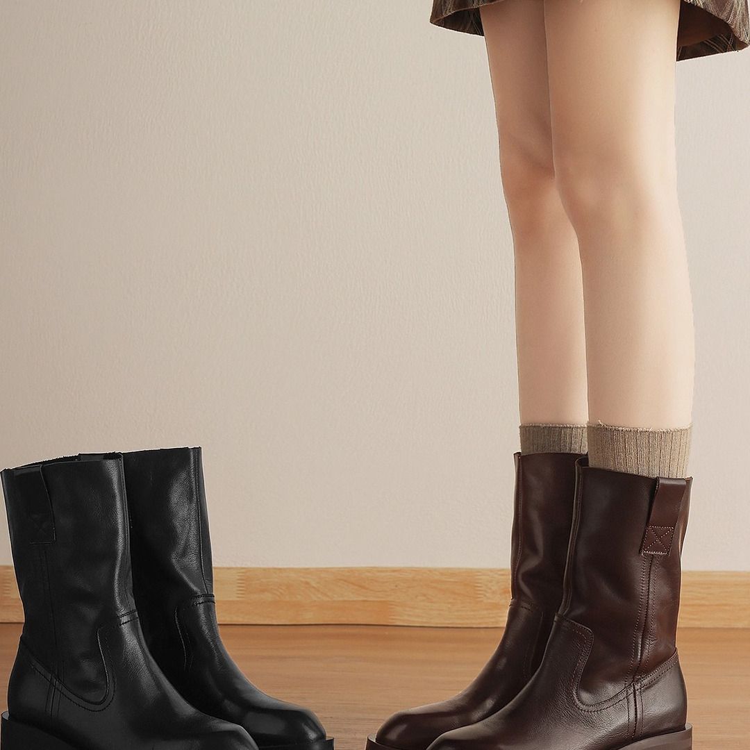 西部牛仔靴时尚中跟加绒中筒靴