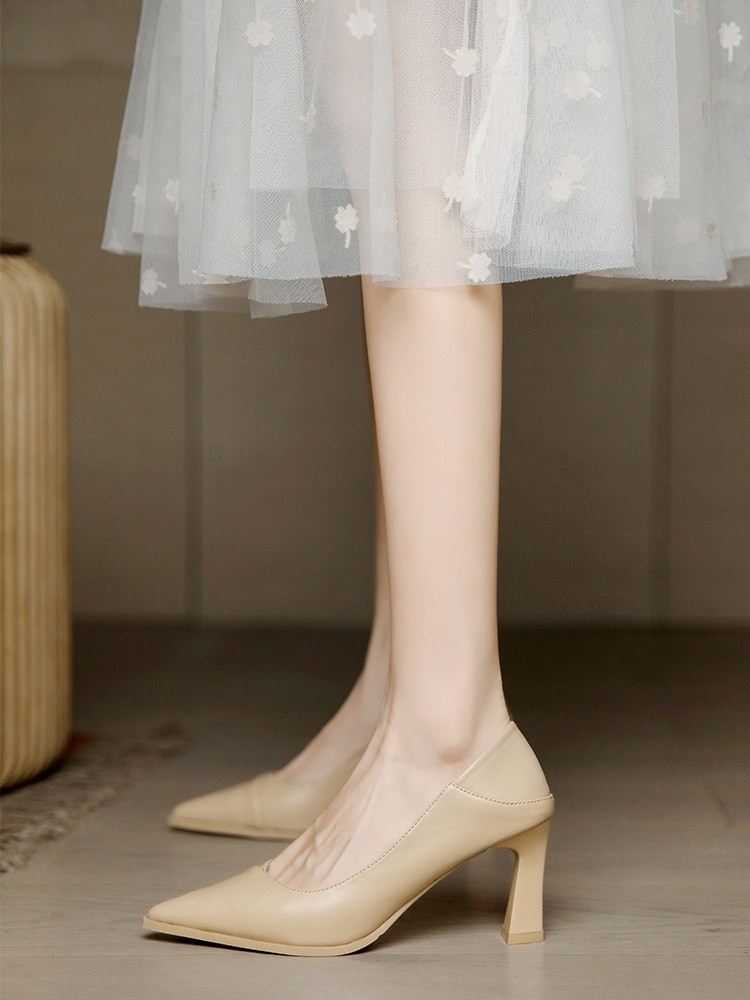 裸色真皮高跟鞋女尖头2025夏季新款法式玛丽珍单鞋简约通勤工作鞋,女鞋,浅口单鞋,淘宝优惠券,粉丝福利购,淘宝优惠卷