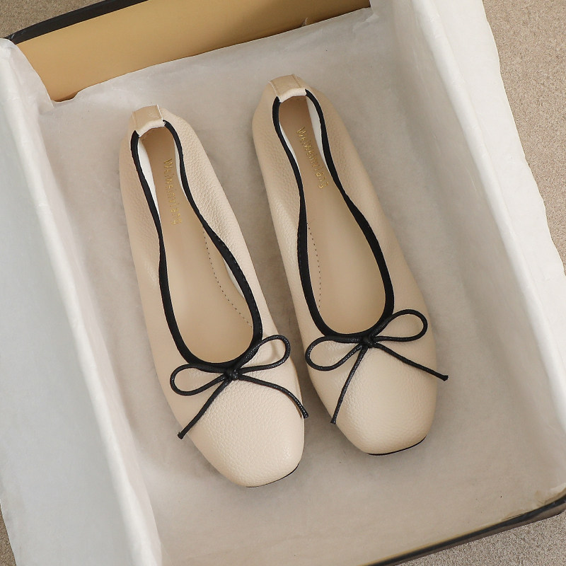 真皮单鞋女2025春季新款豆豆鞋法式蝴蝶结平底软底浅口大码奶奶鞋,女鞋,浅口单鞋,淘宝优惠券,粉丝福利购,淘宝优惠卷