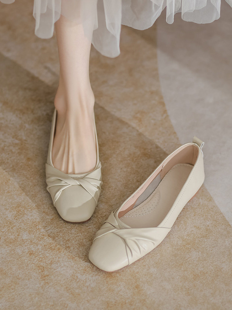 真皮单鞋女2025夏季新款奶奶鞋仙女风方头浅口软底平底温柔豆豆鞋,女鞋,浅口单鞋,淘宝优惠券,粉丝福利购,淘宝优惠卷