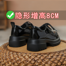 内增高小皮鞋女2025春季新款黑色真皮系带乐福鞋粗跟松糕厚底单鞋