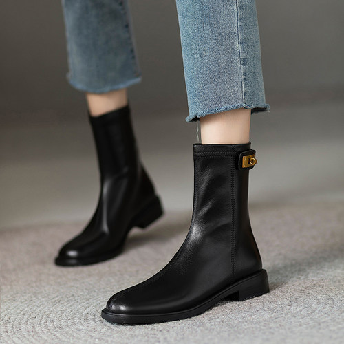 新款加绒瘦瘦单靴英伦风圆头短靴
