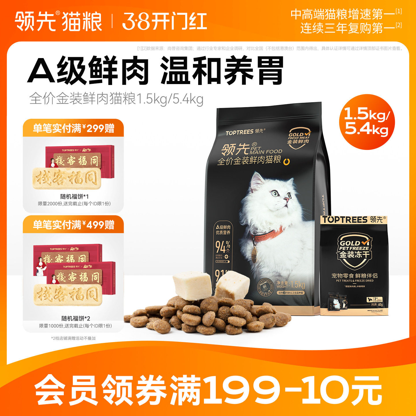 领先冻干鲜肉猫粮养胃粮成猫幼猫鸡肉鱼肉全价营养通用猫粮1.5kg