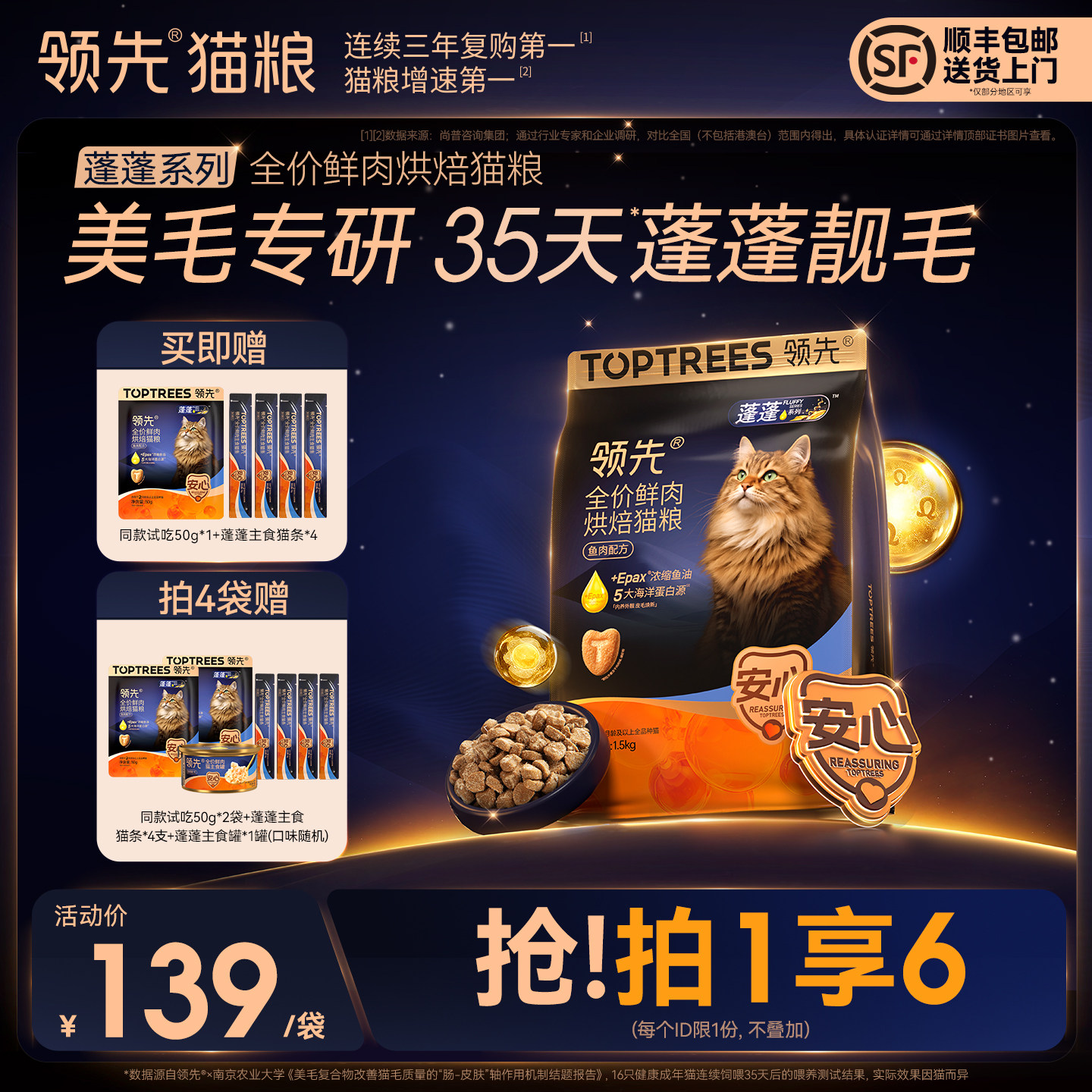 【重磅上新拍1享6】领先蓬蓬袋烘焙猫粮成猫美毛鲜肉粮鸡肉鱼肉
