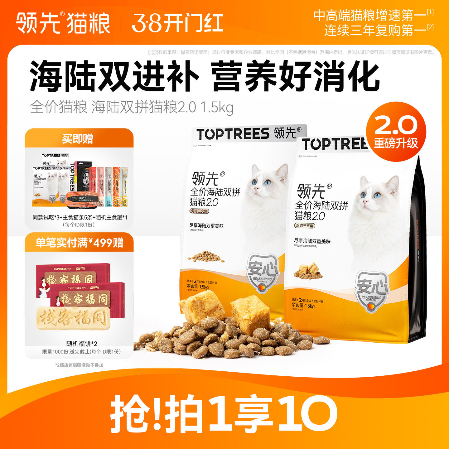 领先海陆冻干双拼猫粮2.0鸡肉三文鱼益生菌成猫幼猫专用全价通用 - toptrees宠物食品旗舰店出品